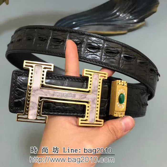 愛馬仕HERMES 純手工美洲鱷魚無拼接 A級完美三頭骨皮 專櫃奢華高端男士皮帶 HHG1819